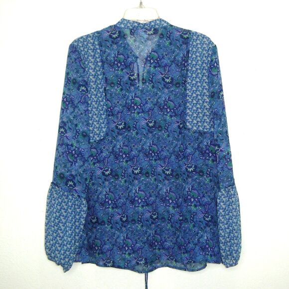 Susan Lucci Boho Blue Floral Chiffon 1/4 Button Front Long Sleeve Blouse Size L - Picture 3 of 11